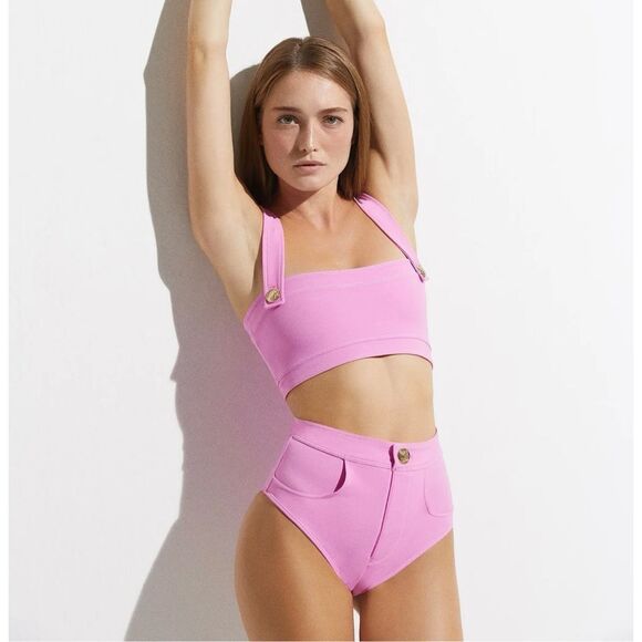 OYE Swimwear Women’s Lavinia Pink Bandeau Bikini Gold Button Detail - Picture 1 of 12